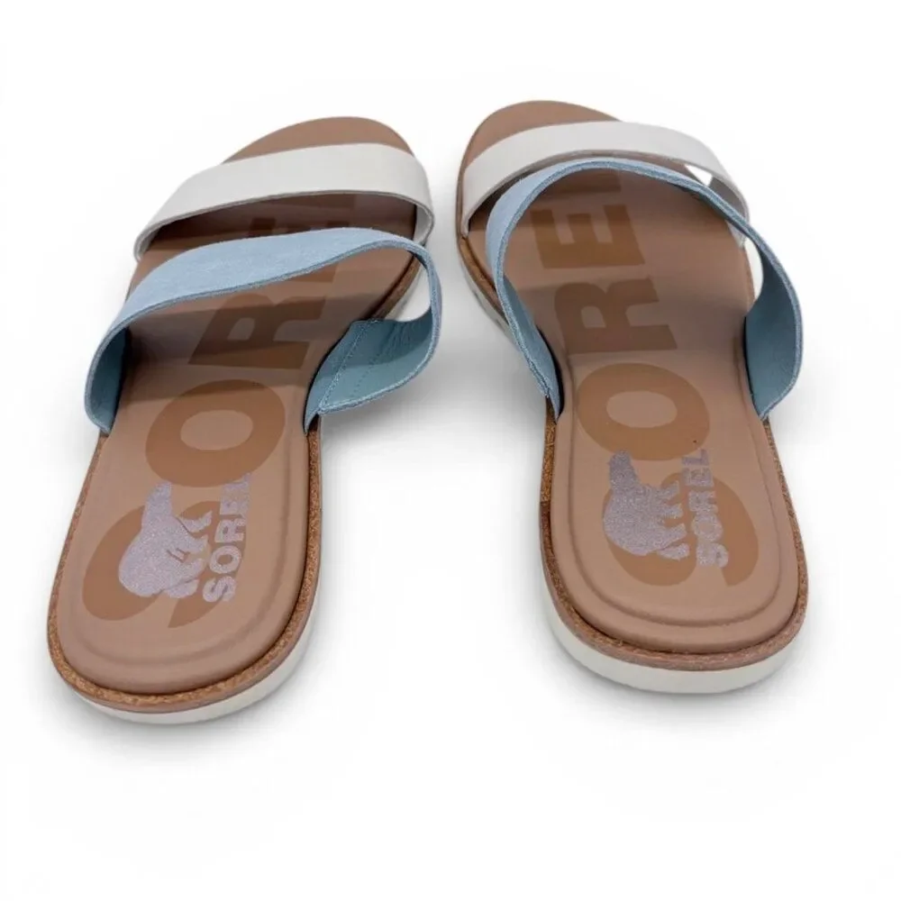 SOREL Ella II Women’s Leather Slide Sandal Crushed Blue Chalk Size 10